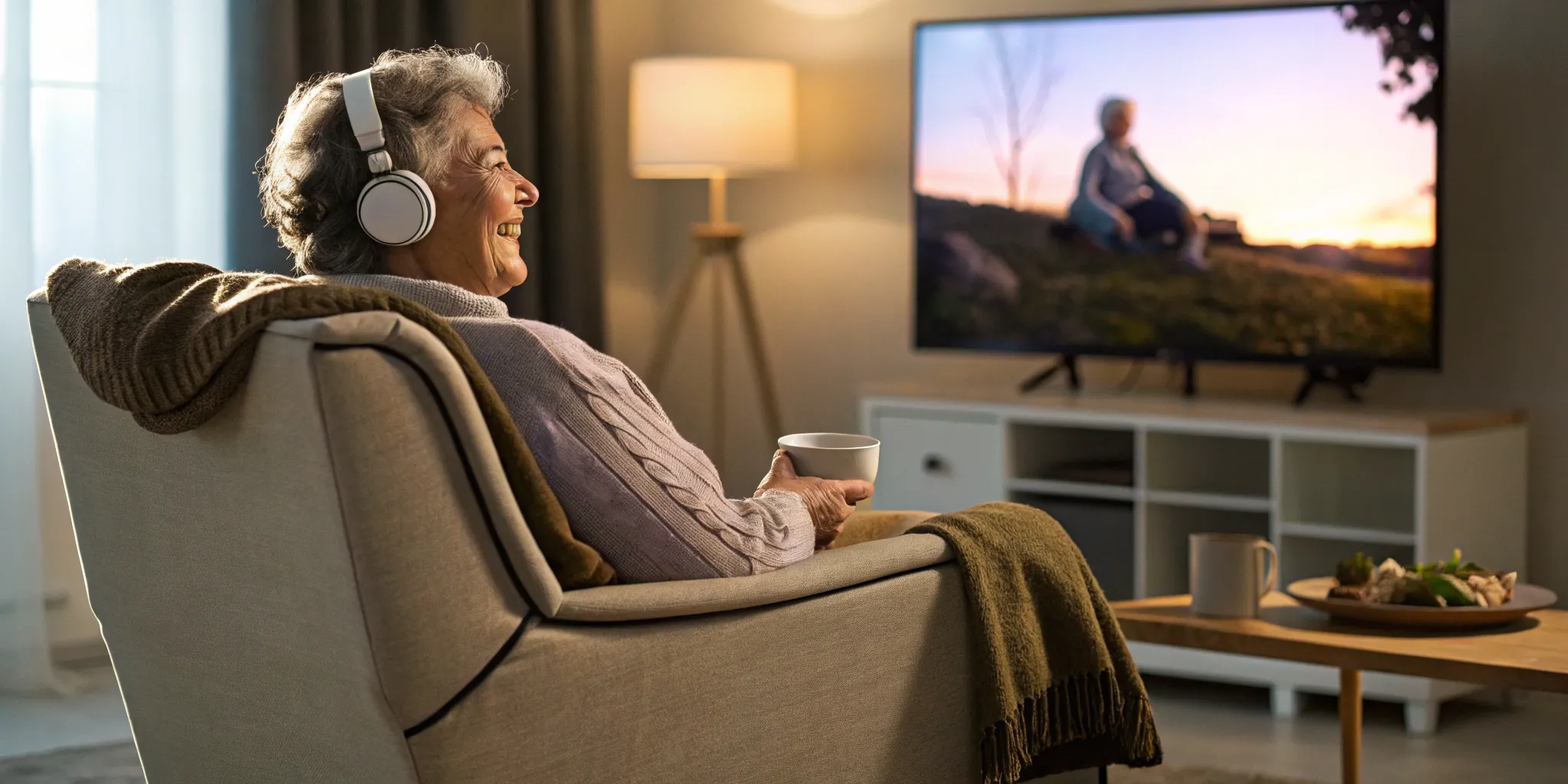Woman smiling, enjoying clear dialogue from a voice clarifying TV speaker.
