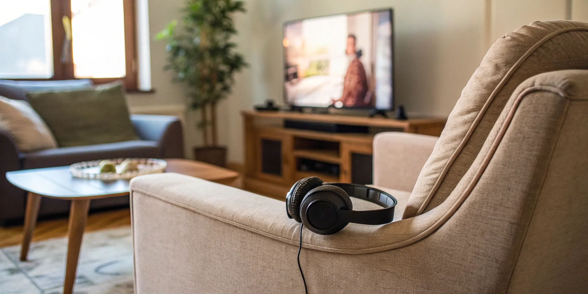 Wireless TV headphones for seniors resting on a chair in a living room.
