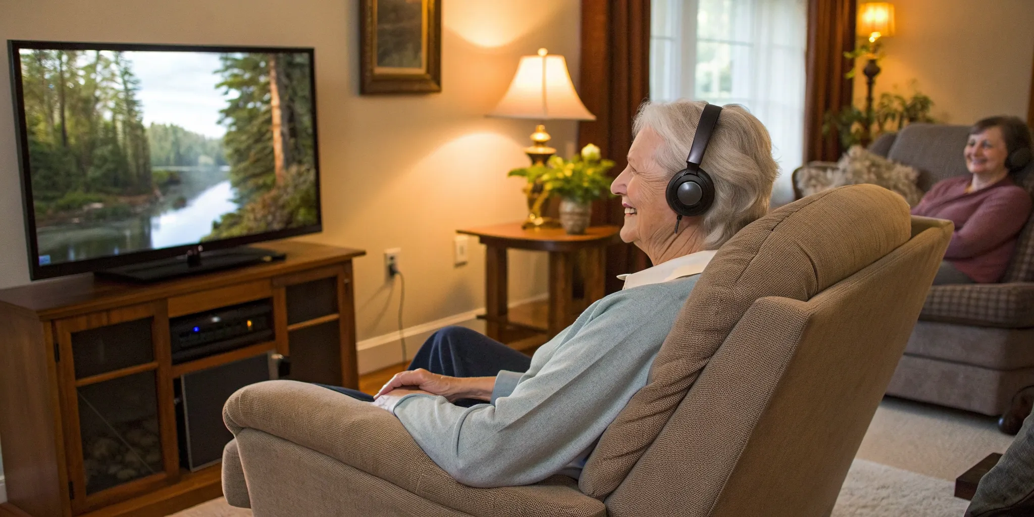 Woman wearing the best wireless headphones for TV without Bluetooth while watching a movie.