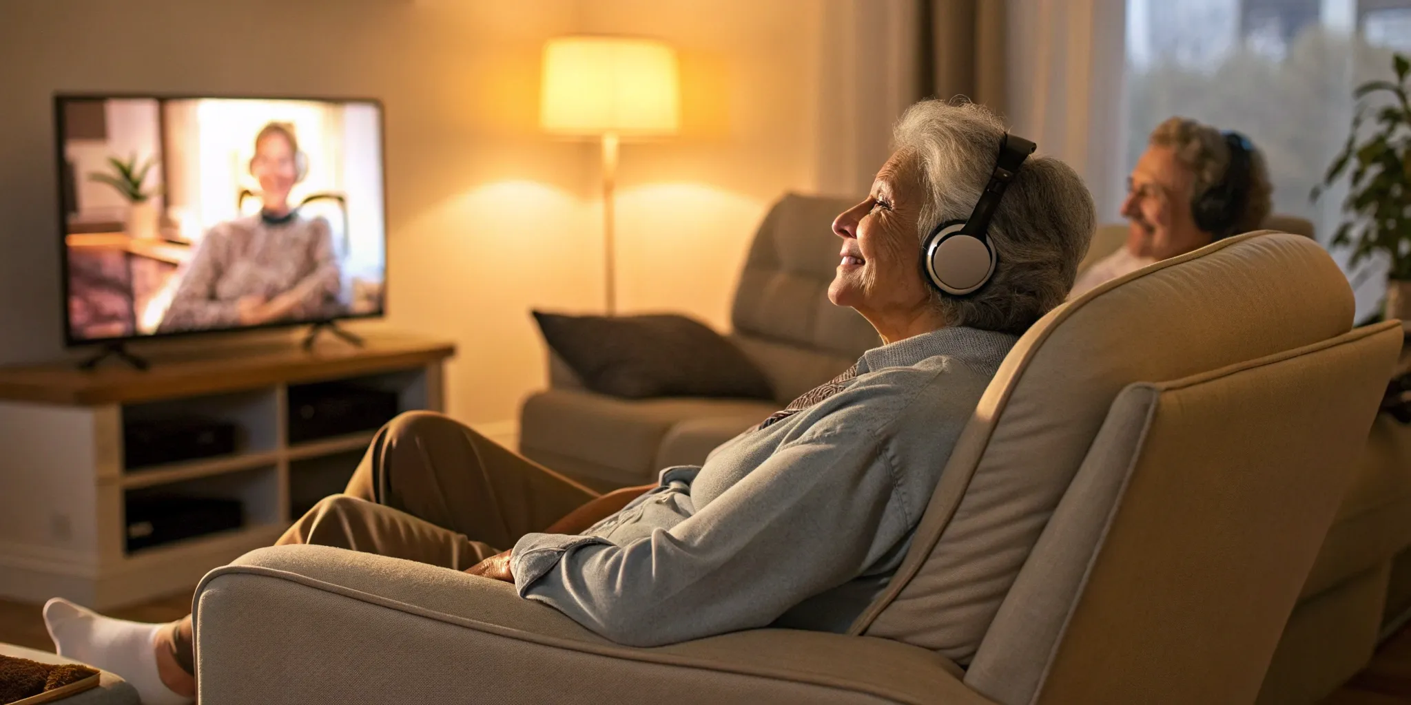 Seniors using amplified headphones with volume control while watching TV.