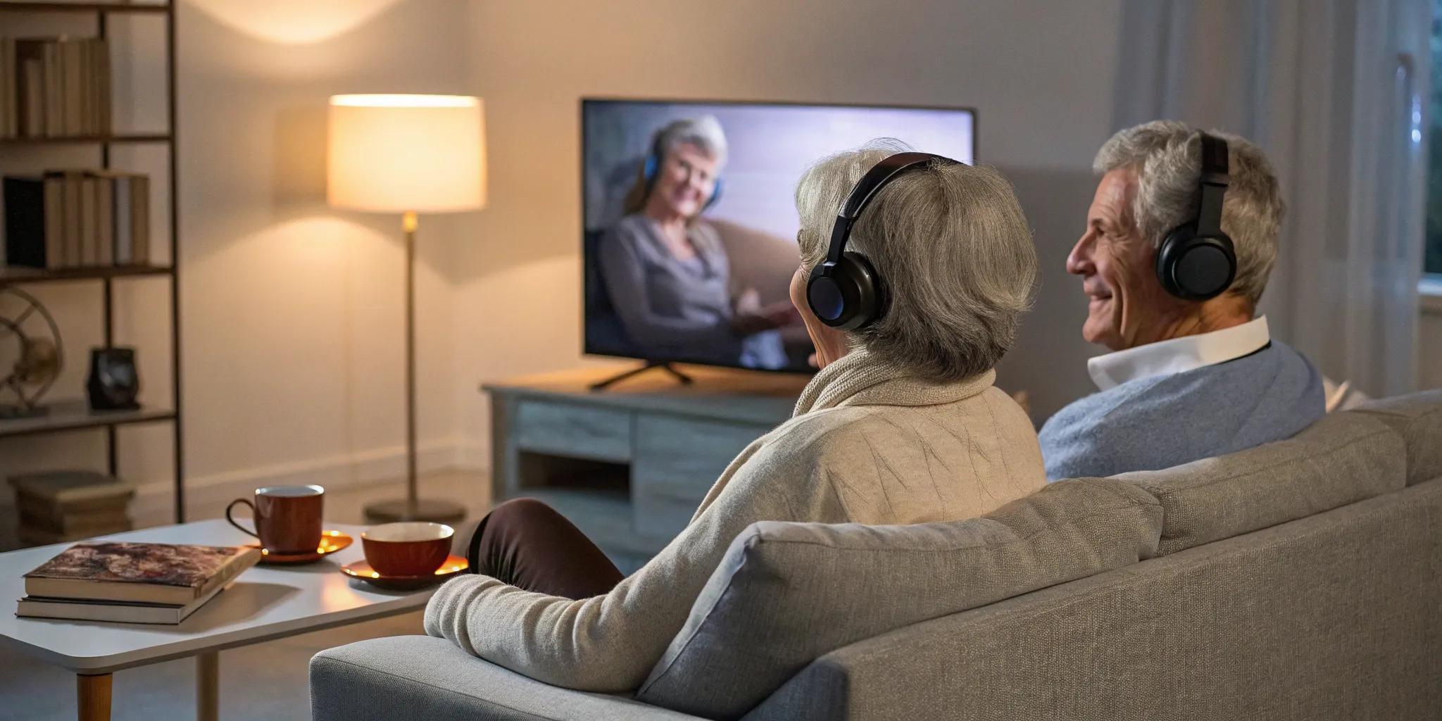 Senior couple watching TV together with long range wireless TV headphones.