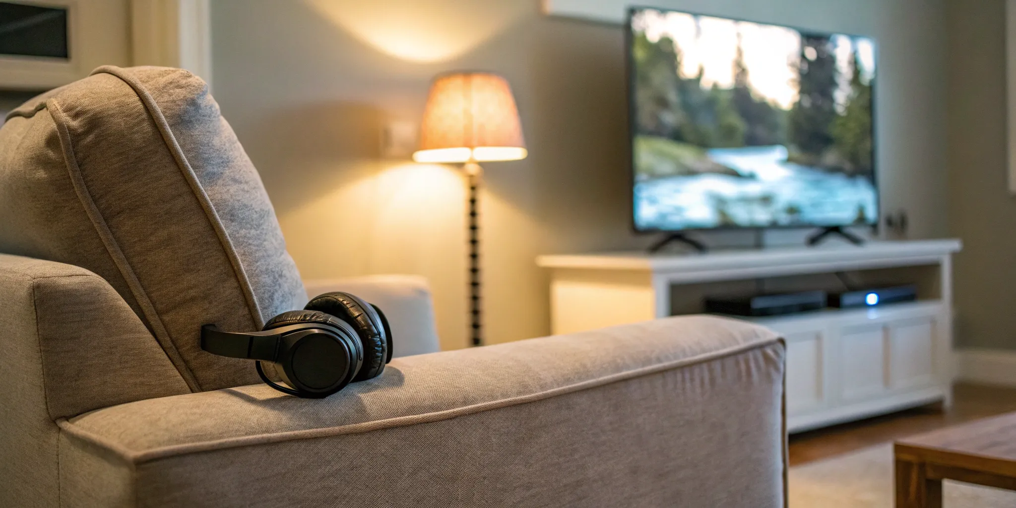 Rechargeable IR headphones on a sofa arm, providing clear sound for watching television.