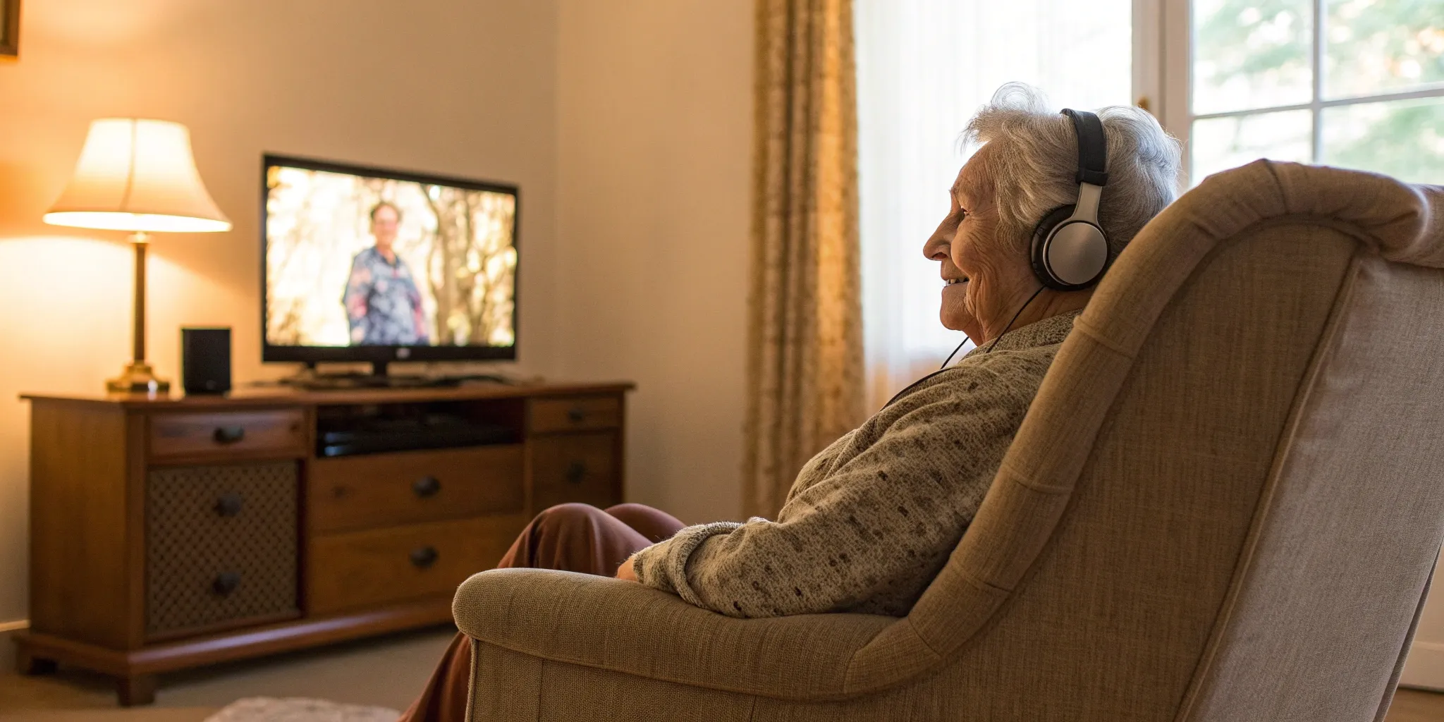 Senior using a TV speaker system with headphones for clear dialogue.