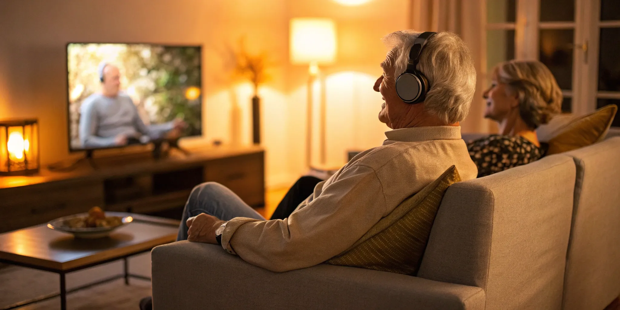 Man wearing TV Ears headphones for clear TV dialogue, sitting on a couch next to his wife.