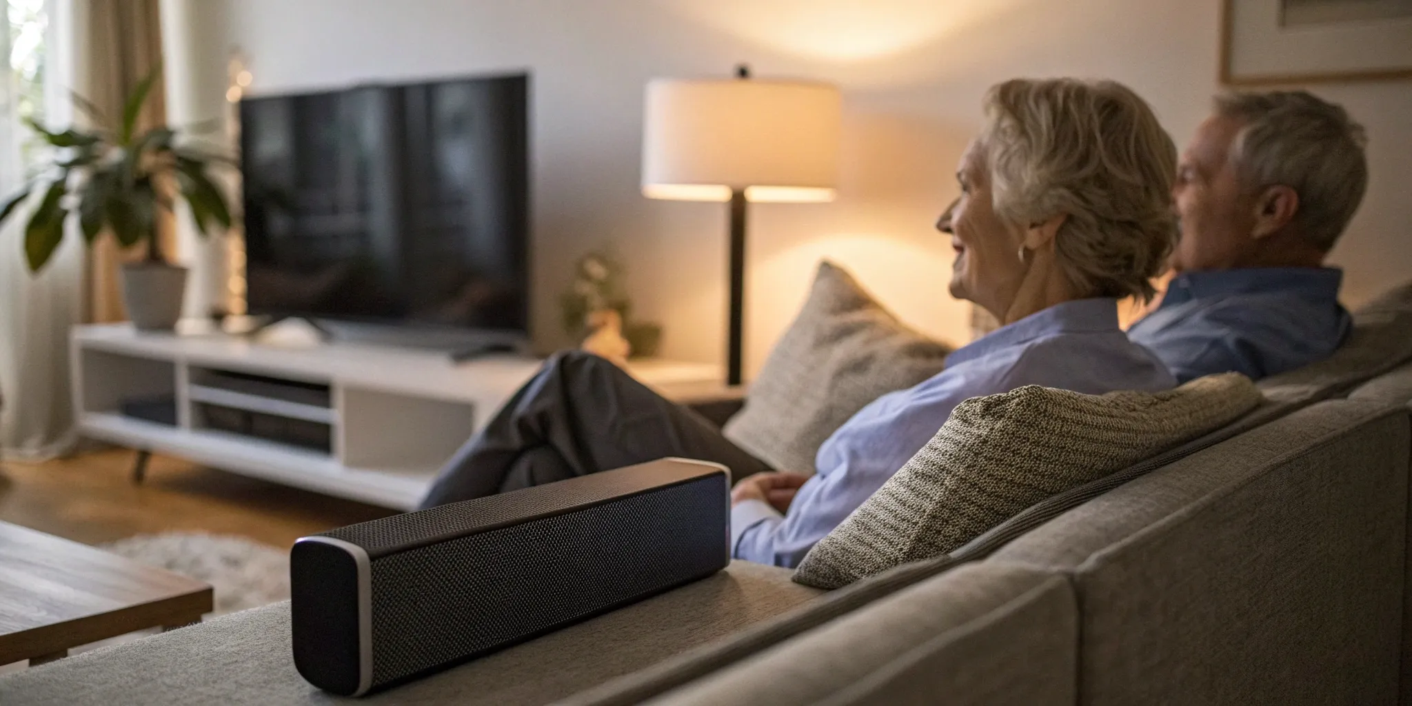 Older couple uses a TV Ears speaker for clear, personalized TV audio.