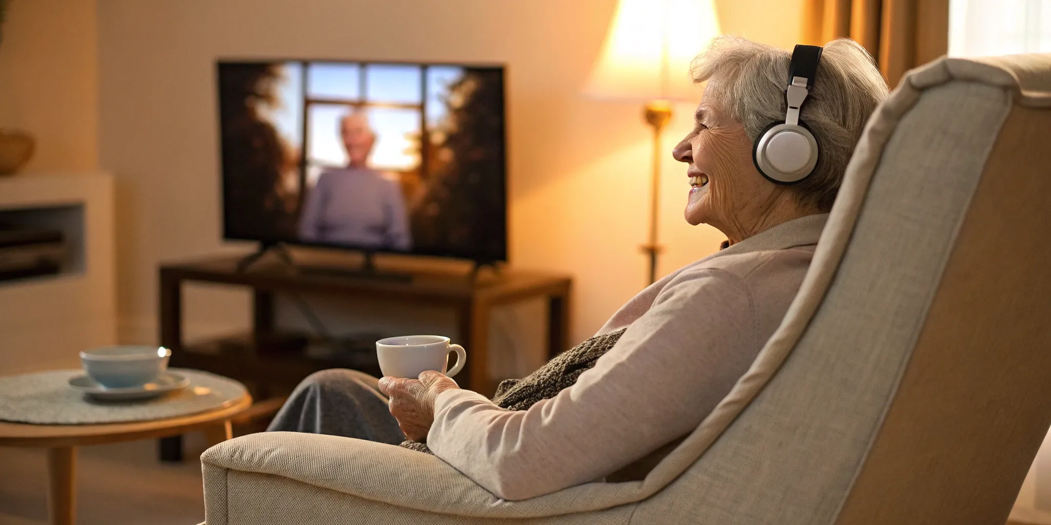 Senior woman using a top-rated wireless TV headset for seniors.